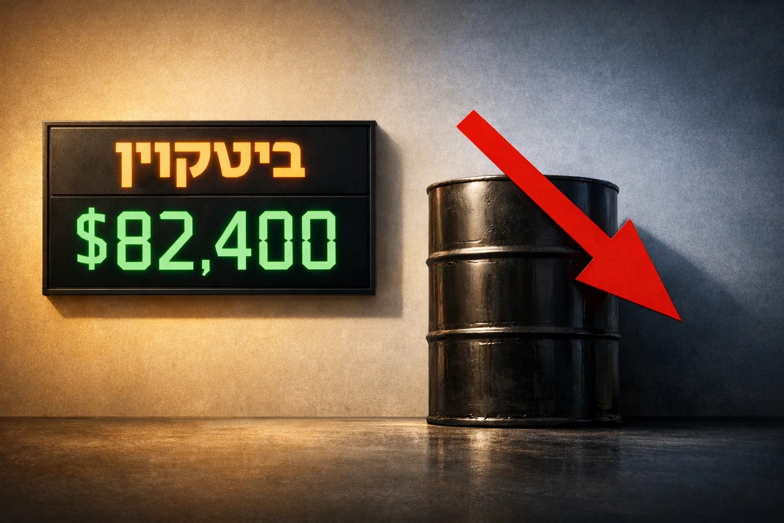איור להמחשה: איור מערכתי מופשט ולא פוטוריאליסטי, ללא אנשים: לוח מחיר הנושא את המילה ביטקוין ואת $82,400, לצד חבית נפט וחץ ירידה. ללא גרף היסטורי מומצא וללא סמלי חברות.