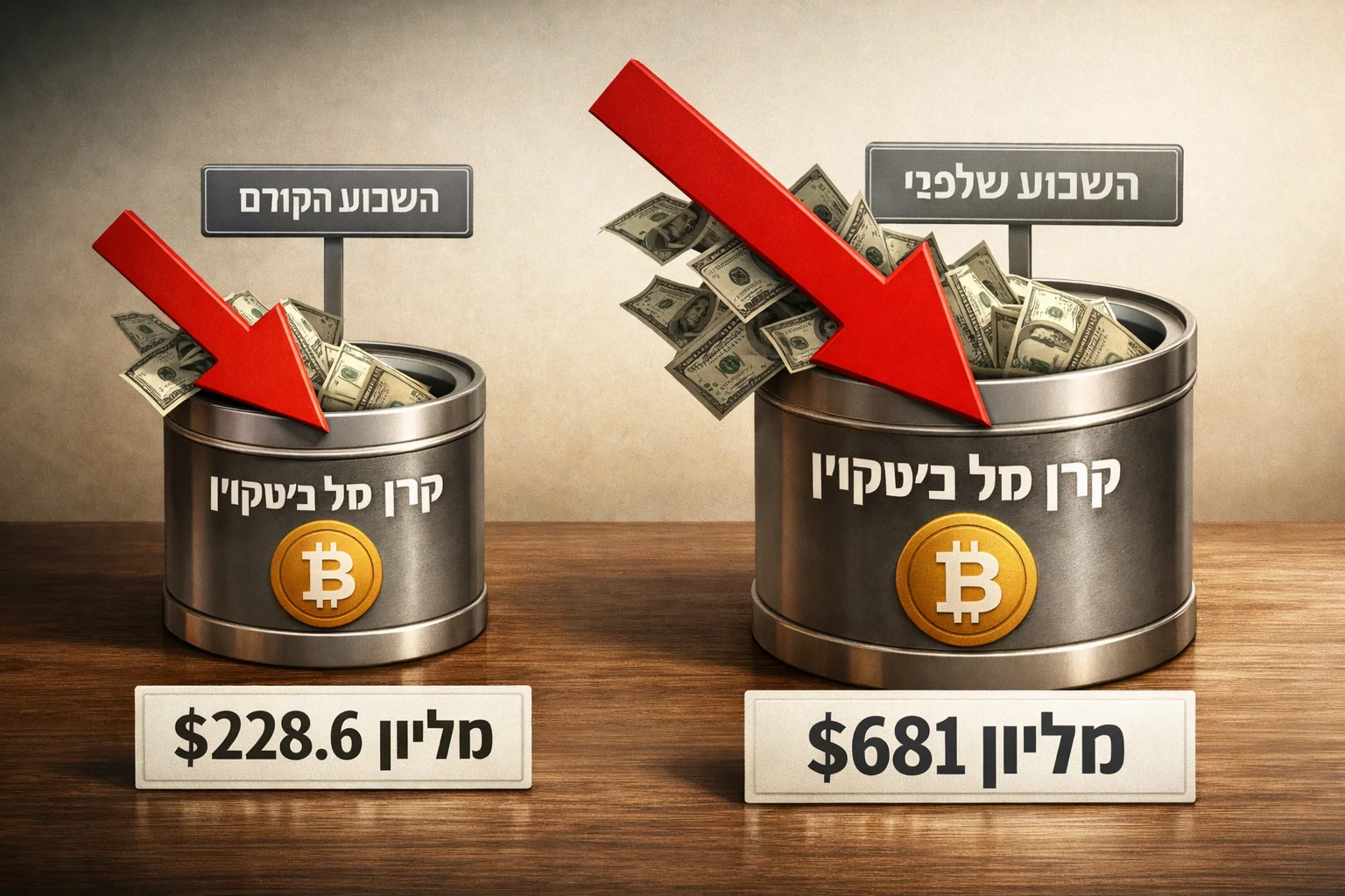איור להמחשה: איור מערכתי ללא אנשים של שני מכלים מופשטים המסומנים קרנות סל ספוט ביטקוין בארצות הברית, עם חצים היוצאים מהם. תוויות נפרדות לשבוע הקודם ולשבוע שלפניו ולסכומי יציאת הכספים. ללא מותגי מנהלי קרנות.