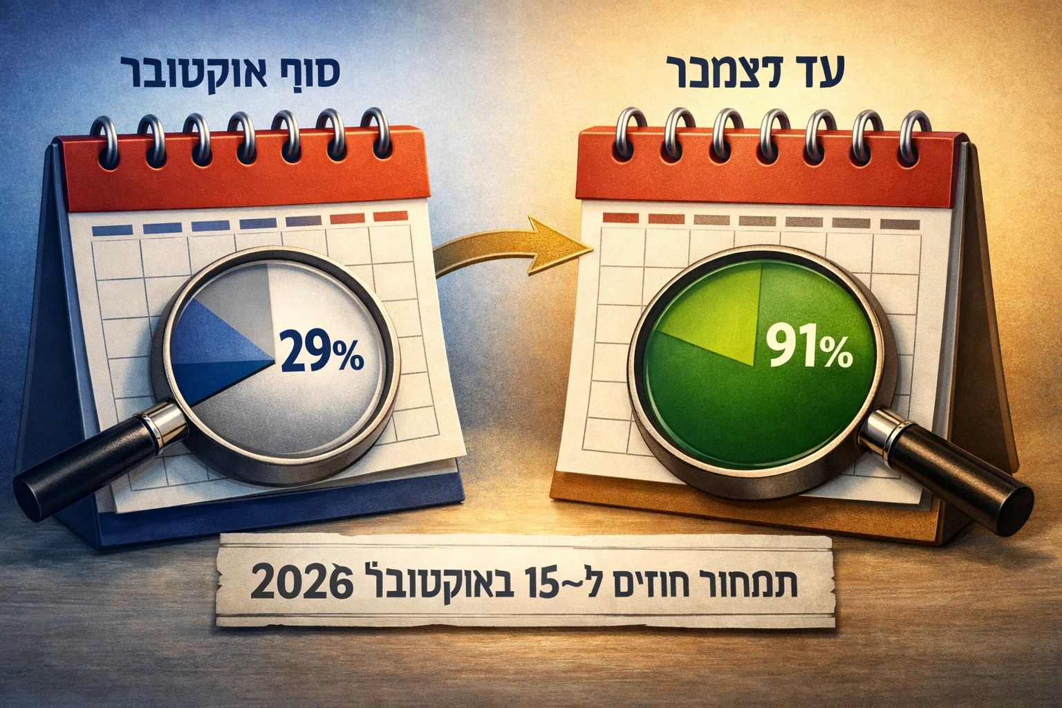 איור להמחשה: איור גרפי של שני חלונות זמן נפרדים: סוף אוקטובר עם הסתברות 29% להעלאה, ועד דצמבר עם הסתברות 91% להעלאה אחת לפחות. תווית בולטת: תמחור חוזים ל־15 באוקטובר 2026, לא החלטת הפד.