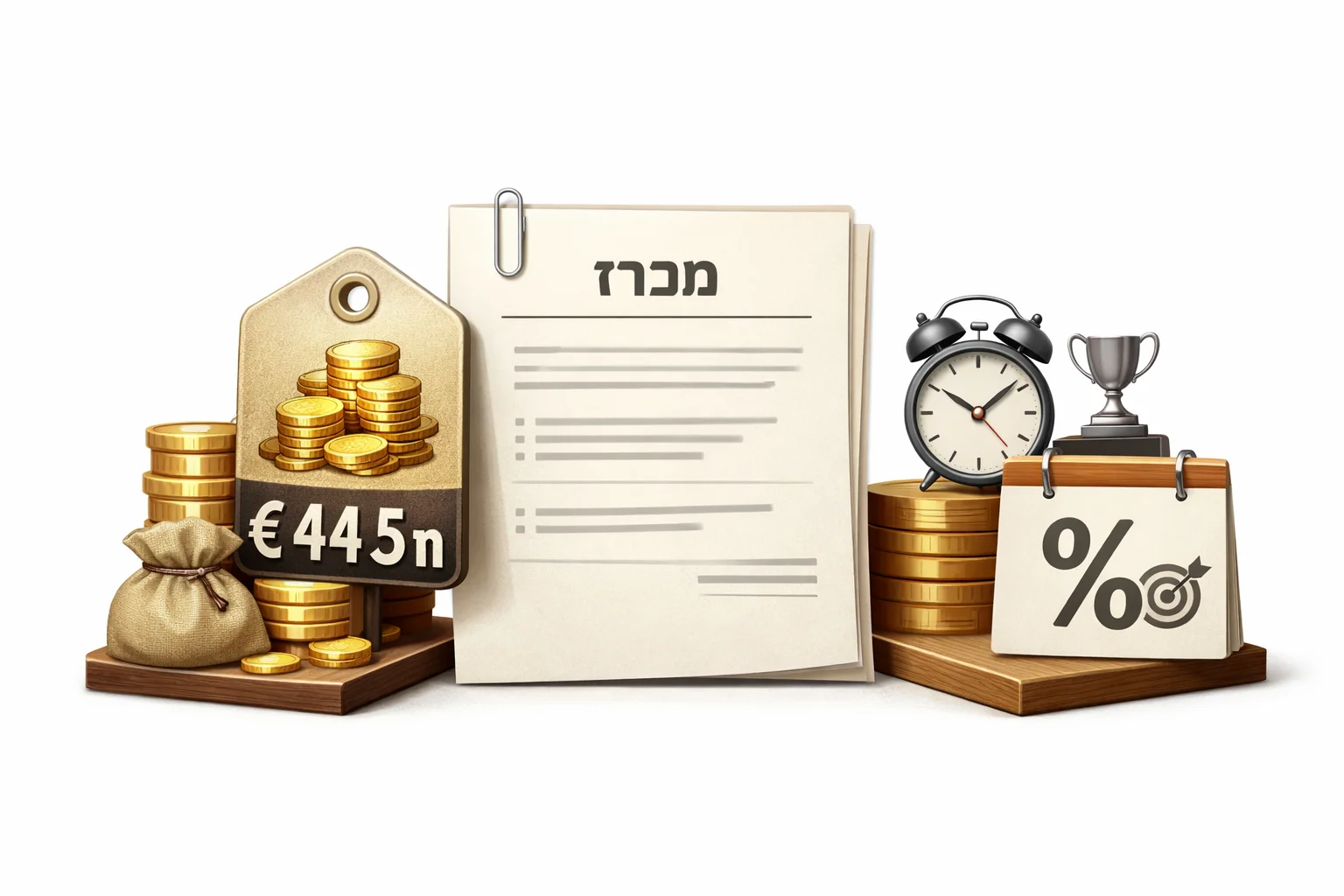 איור להמחשה: איור אינפוגרפי של מסמך מכרז סמלי לצד שני רכיבי תשלום: 44.5 מיליון שקל ותשלום שנתי בתחרות. המסמך אינו מוצג כהעתק של מסמך רשמי. ללא אנשים או סמלים מסחריים.