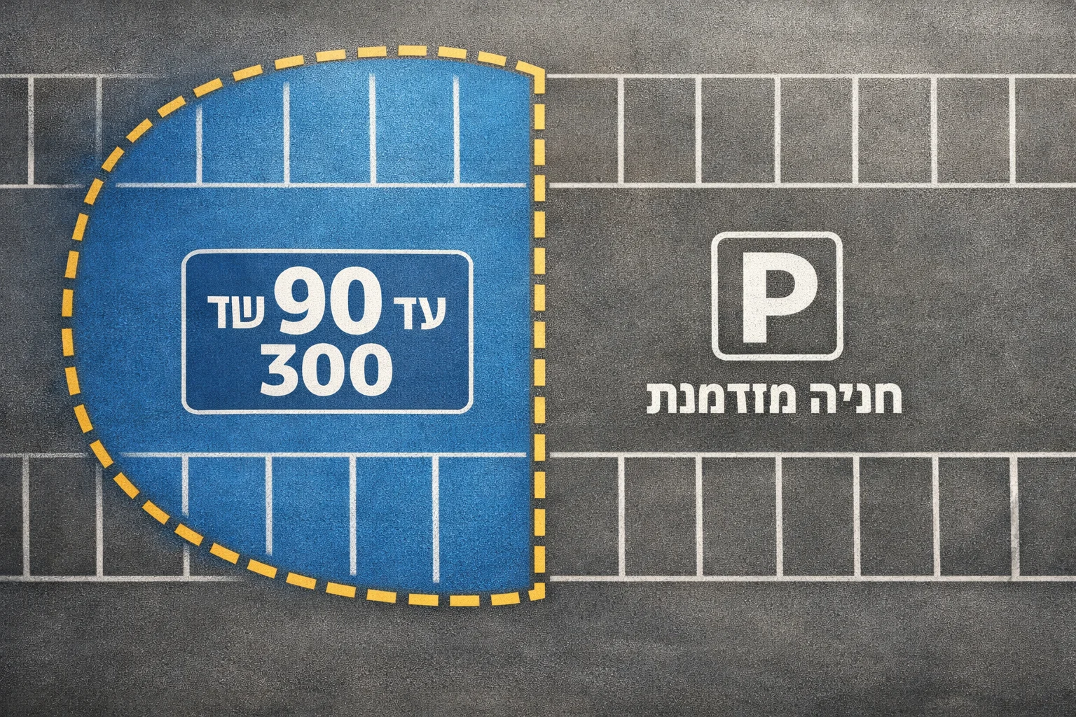 איור להמחשה: איור גרפי במבט על של מקומות חניה ריקים, עם אזור מסומן למנויים ואזור לחניה מזדמנת. הכיתוב באזור המנויים יהיה 'עד 90 מתוך 300'; הגבול יסומן כמכסה אפשרית ולא כתוכנית חלוקה סופית. ללא אנשים, כלי רכב ממותגים או תכנון אתר מומצא.
