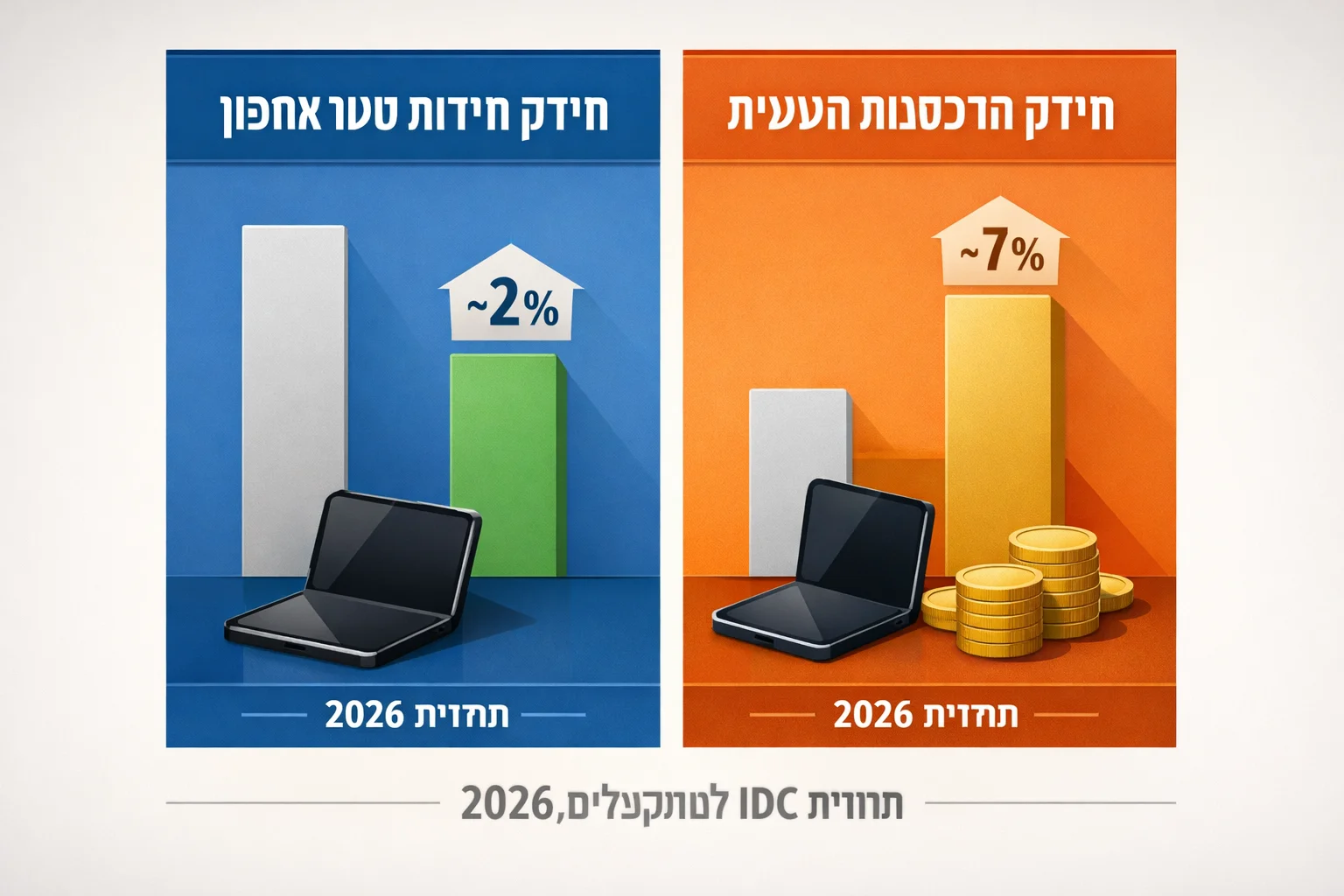 איור להמחשה: איור אינפוגרפי שטוח של שני מדדים נפרדים: מעט יותר מ־2% מיחידות הסמארטפונים מול כמעט 7% מהכנסות הענף, עם תווית ברורה 'תחזית IDC למתקפלים, 2026'. להשתמש בסמלי מכשירים ומטבעות מופשטים, ללא אנשים וללא מראה של נתוני מכירות בפועל.
