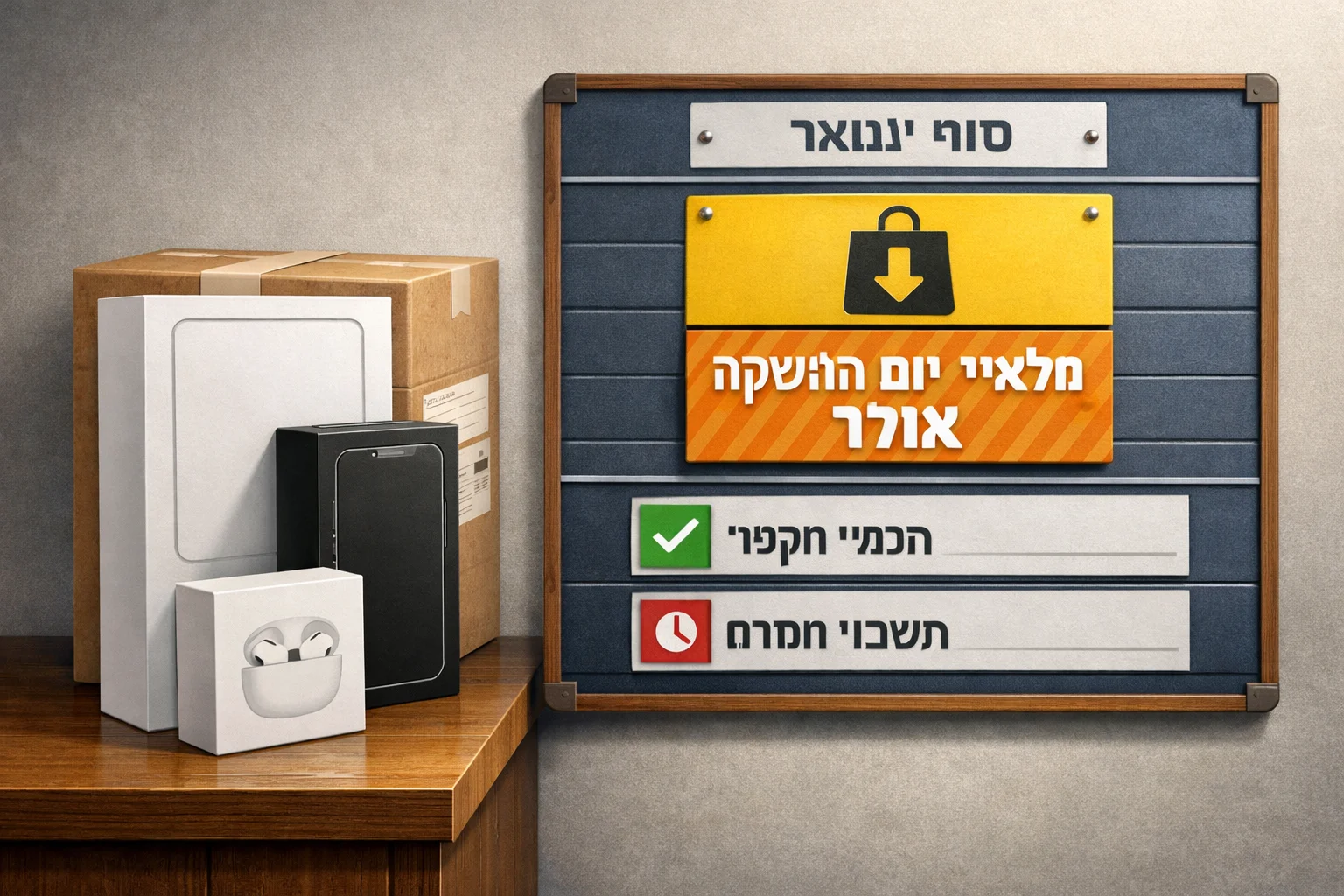 איור להמחשה: איור מושגי צבעוני של אריזות מכשירים סגורות לצד לוח אספקה מופשט המציג 'סוף ינואר' וסמל איסוף עם הכיתוב 'מלאי יום ההשקה אזל'. אין ליצור צילום של חנות, ממשק אפל מזויף או תור לקוחות. ללא אנשים או חלקי גוף.