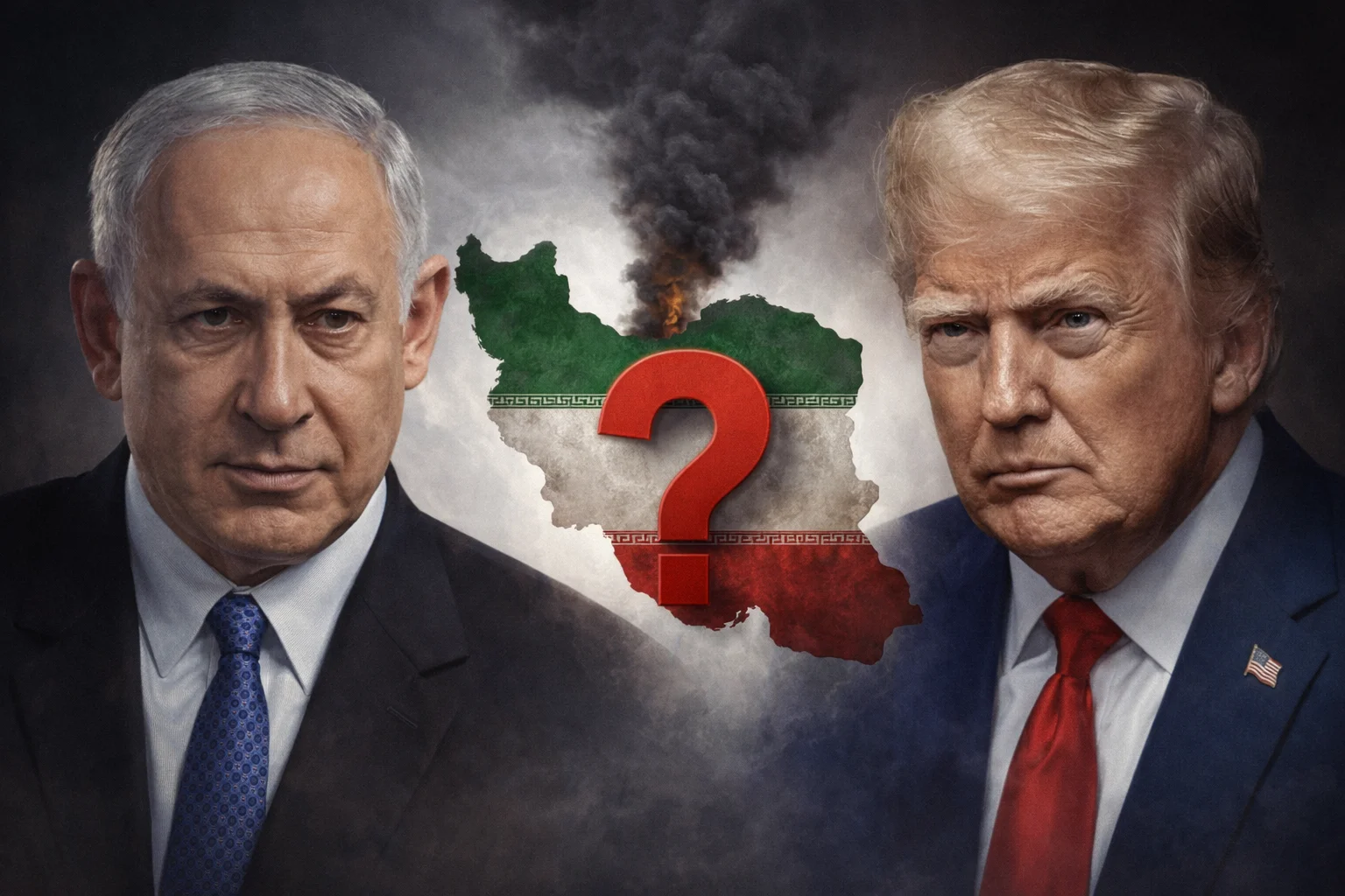 איור להמחשה: בנימין נתניהו, דונלד טראמפ — איור מערכתי לא־תיעודי: דיוקנאות מזוהים ונפרדים של בנימין נתניהו ודונלד טראמפ, לצד מתאר איראן וסימן שאלה גרפי המבטא אפשרות לתקיפה ולא החלטה שהתקבלה.