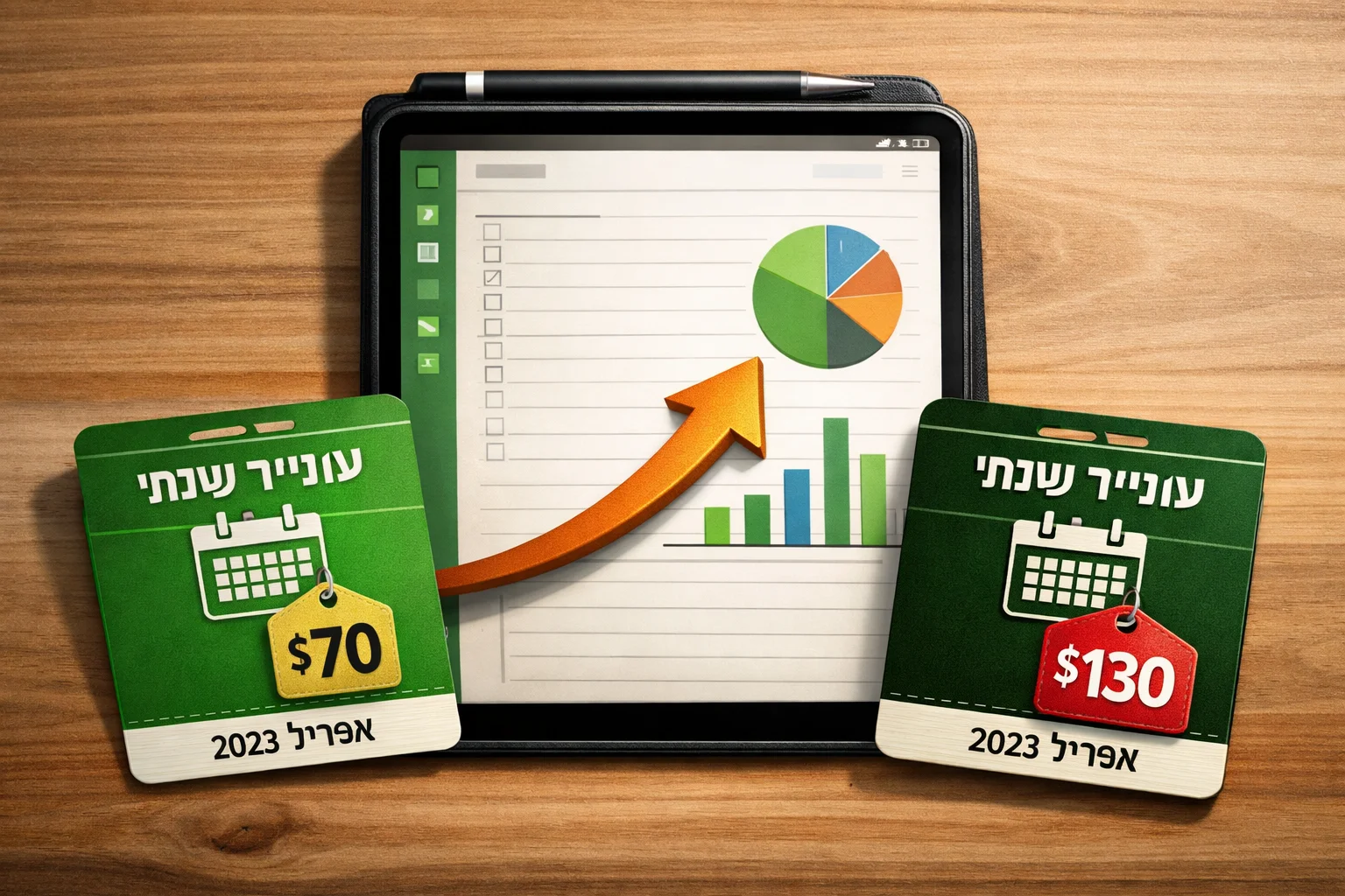 איור להמחשה: איור גרפי ללא אנשים: מחברת דיגיטלית סכמטית לצד שני כרטיסי מנוי שנתי של Evernote, לפני $70 ואחרי $130, עם תווית אפריל 2023. לא להעתיק ממשק או לייצר לוגו של Evernote.