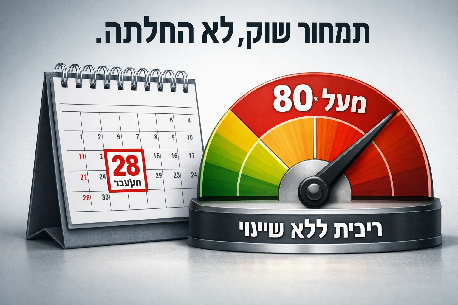 איור להמחשה: איור אינפוגרפי ללא אנשים: לוח שנה המסומן 28 באוקטובר ולצדו מד הסתברות עם הכיתוב מעל 80% והאפשרות ריבית ללא שינוי. להוסיף כותרת ברורה: תמחור שוק, לא החלטה.