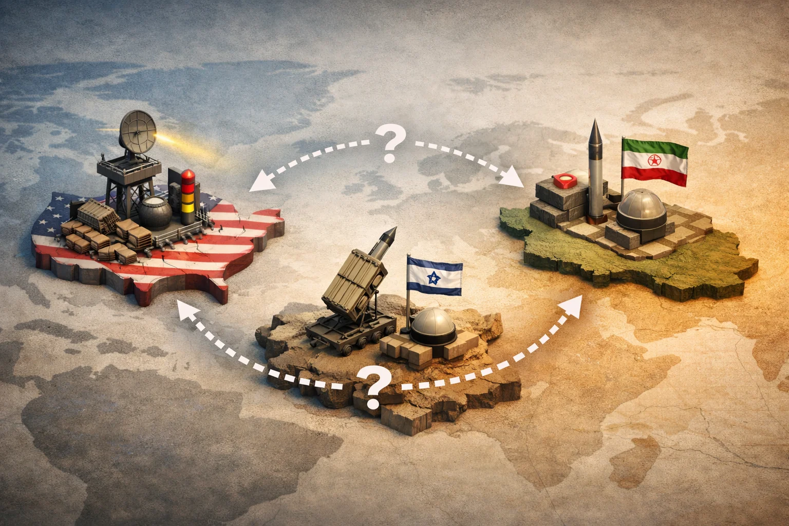 איור להמחשה: איור מידע מופשט של שלושה מוקדים המסומנים ארה״ב, ישראל ואיראן, עם חצי דריכות וקווי שאלה ביניהם; ללא כוחות או תקיפה מבוימת.