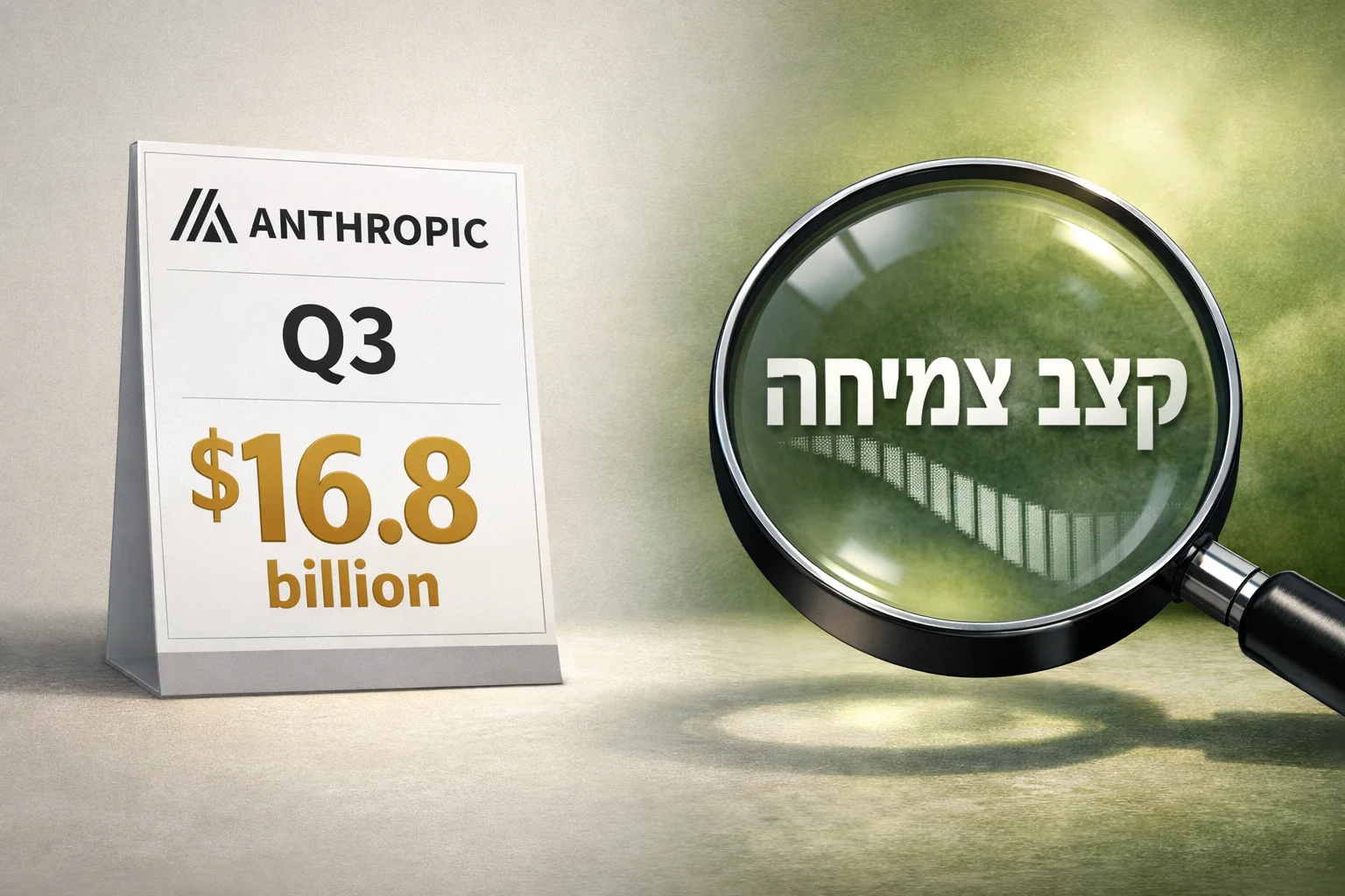 איור להמחשה: איור טיפוגרפי ללא אנשים: כרטיס הכנסות של אנתרופיק עם הכיתוב Q3 ו־$16.8 billion, לצד זכוכית מגדלת מופשטת מעל המילים קצב צמיחה. ללא גרף היסטורי או נתוני השוואה שלא סופקו. שילוב הלוגו האותנטי מהקטלוג.
