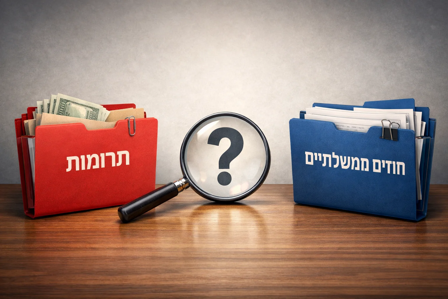 איור להמחשה: איור מושגי ללא אנשים: תיק תרומות ותיק חוזים ממשלתיים בשני צדדים נפרדים, וביניהם זכוכית מגדלת וסימן שאלה. ללא חץ סיבתי, כסף המועבר לחוזה או חותמת אישור.