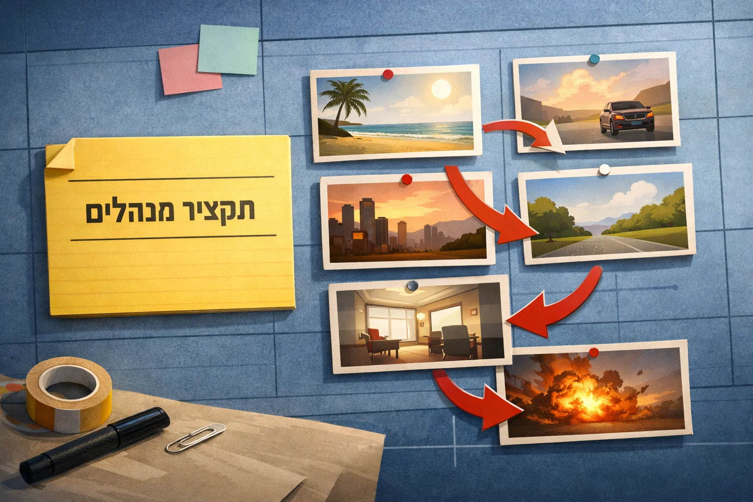 איור להמחשה: איור גרפי ללא אנשים: לוח תכנון וידאו עם כרטיסי סצנות וחצים המעידים על שינוי סדר, לצד כרטיס פתיחה המסומן תקציר מנהלים. אין להציג ממשק מוצר כאילו צולם.