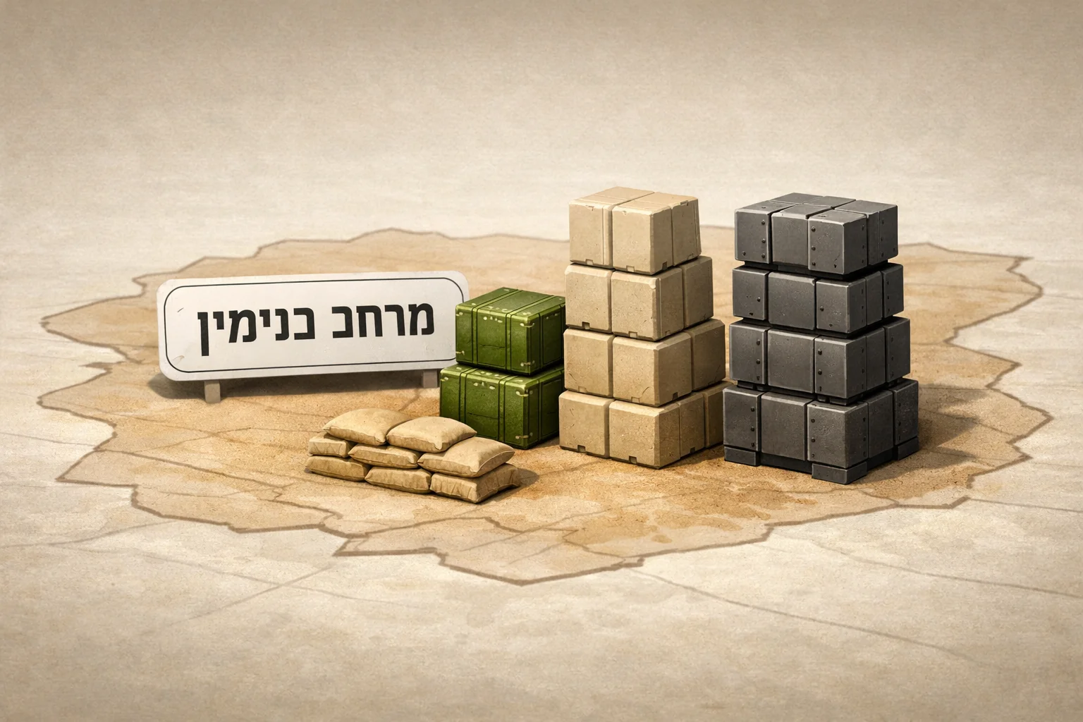 איור להמחשה: תרשים מערכתי מופשט על משטח מפה ללא תוואי גאוגרפי: אזור שכותרתו ״מרחב בנימין״ ולצדו בלוקים המסמלים תוספת כוח. ללא מיקומי יחידות, צירי תנועה, אנשים או כלי רכב הנחזים לתיעוד.