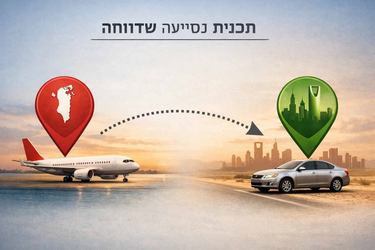 איור להמחשה: איור אינפוגרפי ללא אנשים של מסלול נסיעה סכמטי: סמל מטוס אל בחריין, ומשם סמל מכונית וחץ לריאד. כותרת פנימית: תוכנית נסיעה שדווחה. אין להציג זאת כמסלול שבוצע או כמפת ניווט מדויקת.