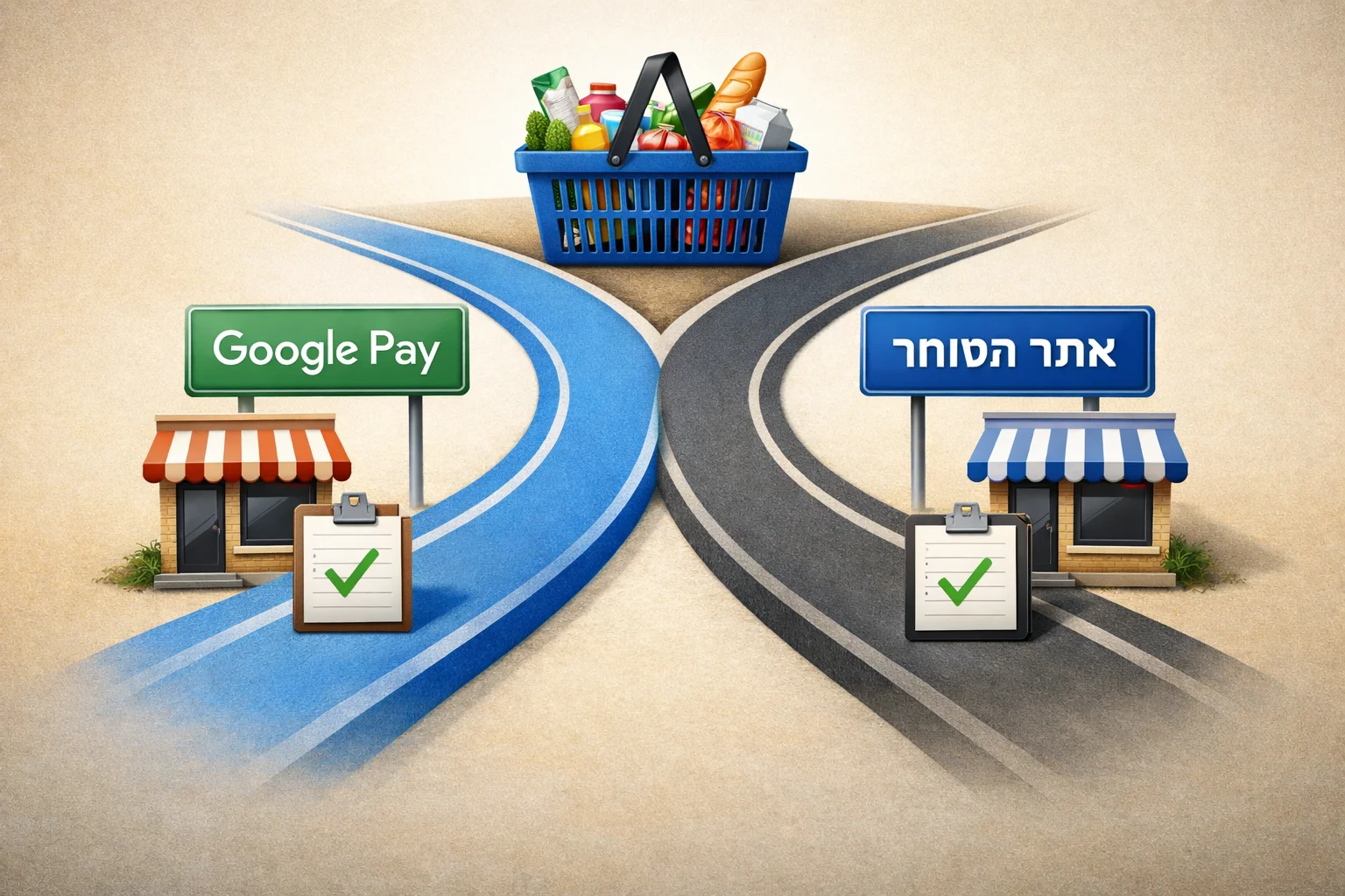 איור להמחשה: איור תרשימי ללא אנשים: סל מוצרים מתפצל לשני נתיבים, האחד מסומן Google Pay והשני אתר הסוחר. שני הנתיבים מסתיימים בסמל חנות ובאישור הזמנה. להשתמש בטקסט בלבד לשמות השירותים, ללא לוגואים שנוצרו מחדש.