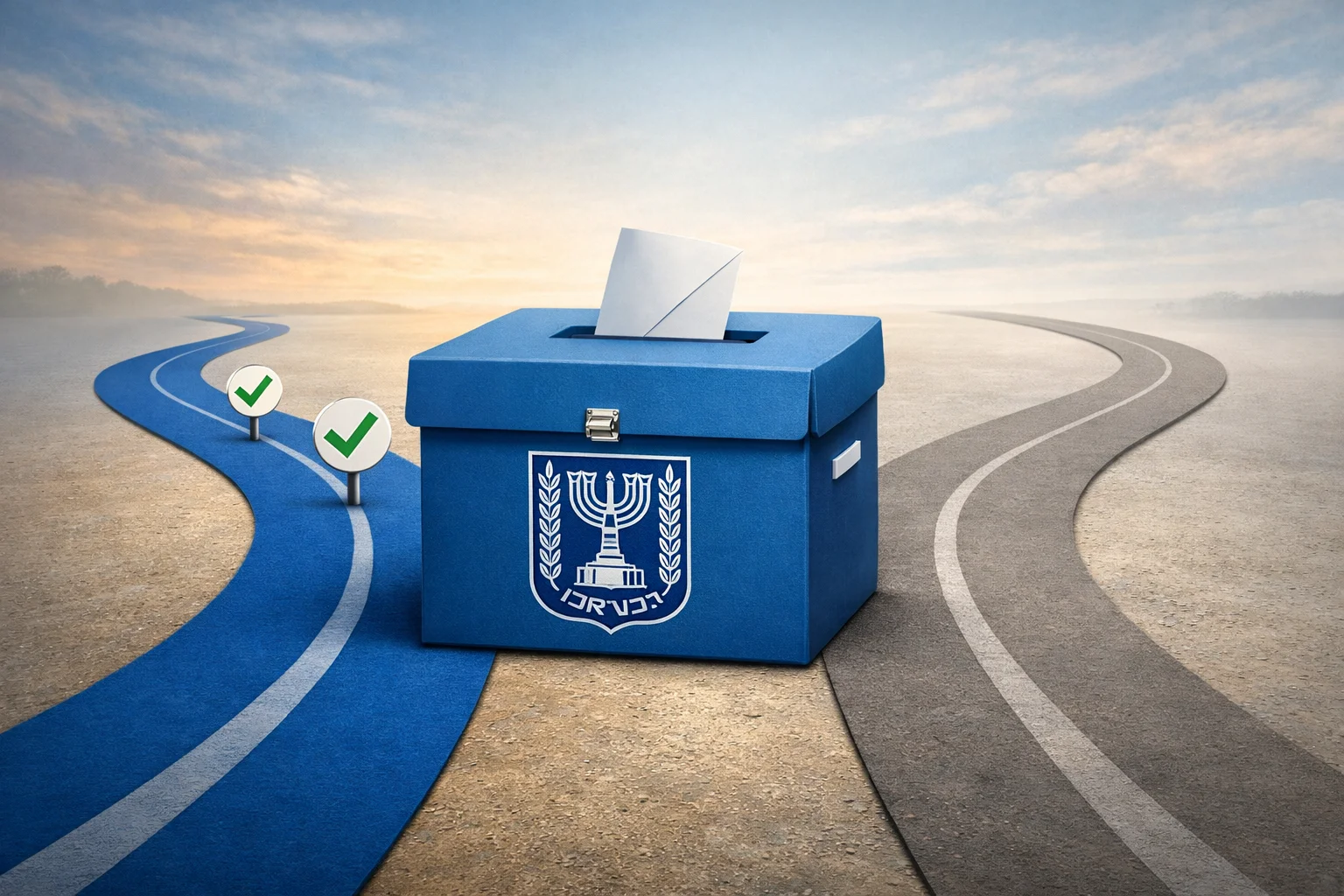איור להמחשה: איור מערכתי מופשט, ללא אנשים או חלקי גוף: תיבת קלפי המסומנת ישראל ולצדה שני מסלולים גרפיים נפרדים, האחד עם סמל תמיכה והשני ללא סימון. לא פתק הצבעה אמיתי ולא הדמיה של אירוע.