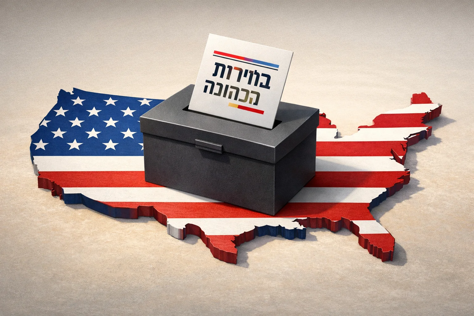 איור להמחשה: איור גרפי לא תיעודי ללא אנשים: מפת ארה״ב שטוחה, תיבת קלפי וכרטיס הנושא את המילים בחירות אמצע הכהונה. ללא תוצאות, מספרים או סמלי מפלגות.