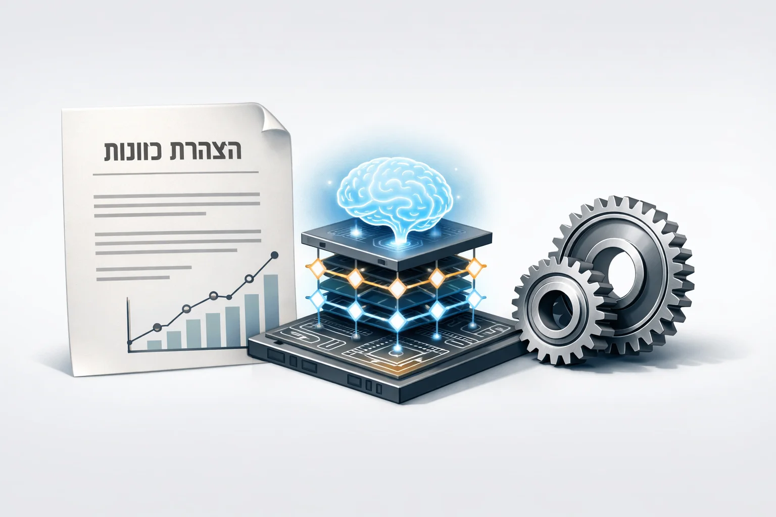 איור להמחשה: איור וקטורי ללא אנשים: מסמך מופשט שכותרתו הצהרת כוונות, לצד תרשים מודל חישובי וגלגל שיניים. ללא חתימות, חותמות או שחזור של המסמך האמיתי; רקע נקי המדגיש שההמחשה אינה תיעוד טקס חתימה.