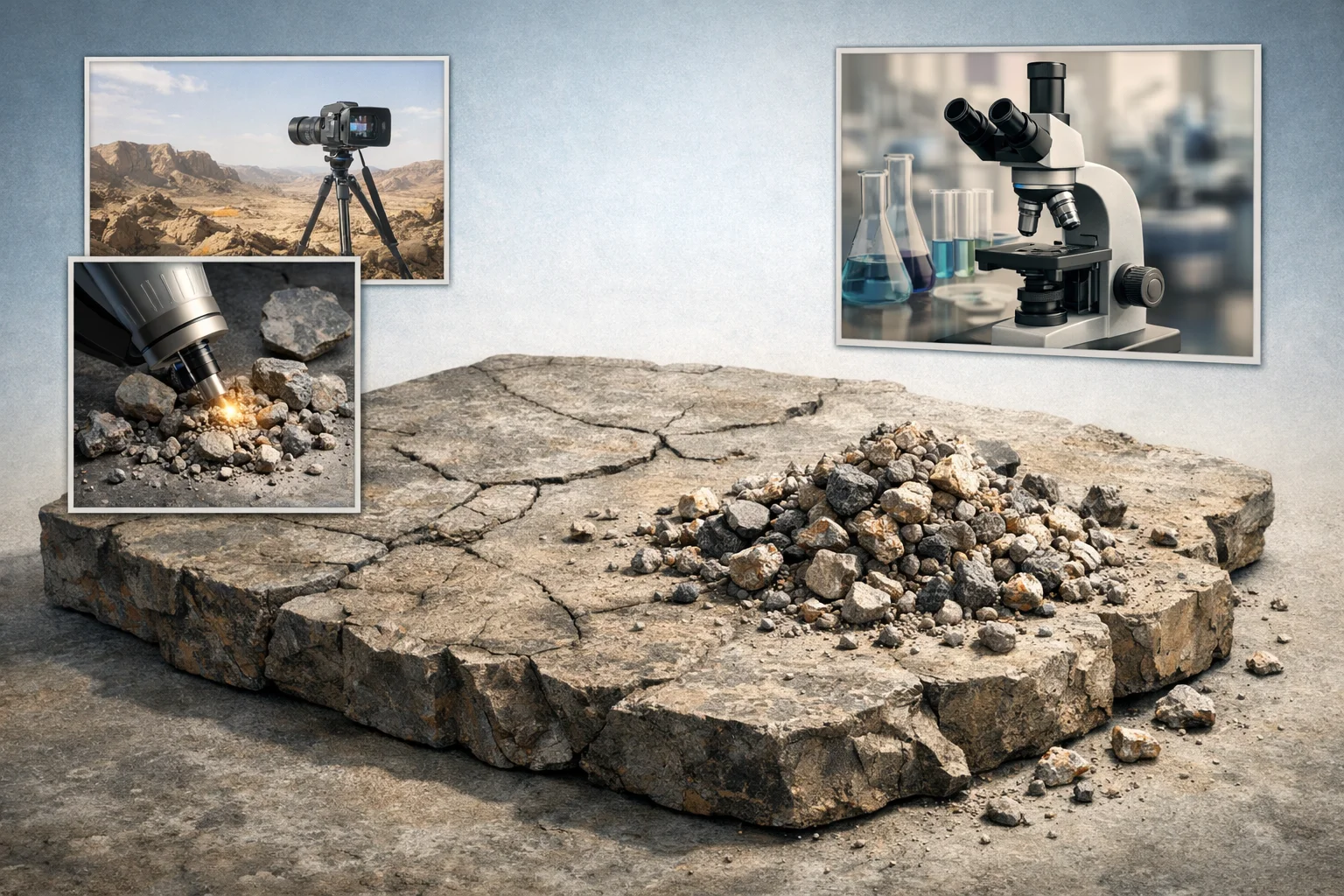 איור להמחשה: איור גרפי לא־תיעודי ללא אנשים: משטח סלע סכמטי ולצדו פירורי סלע ומינרלים לאחר דגימה, עם חלוניות נפרדות המסמלות בדיקה במגע ותצפית מרחוק. ללא הרכב מינרלי, תוצאות מעבדה או מידות שלא נמסרו.