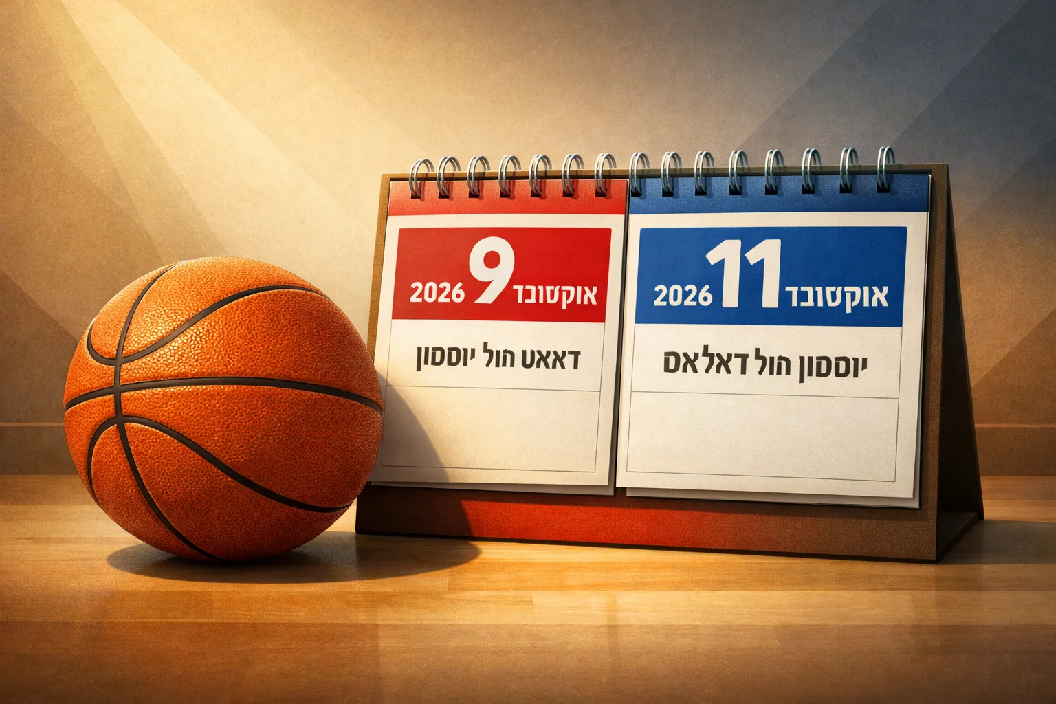 איור להמחשה: איור גרפי של כדורסל ולצדו לוח שנה עם שני מועדי המשחקים, 9 ו־11 באוקטובר 2026, ושמות דאלאס ויוסטון בטקסט בלבד. ללא שחקנים, תוצאות או סמלי קבוצות מומצאים.