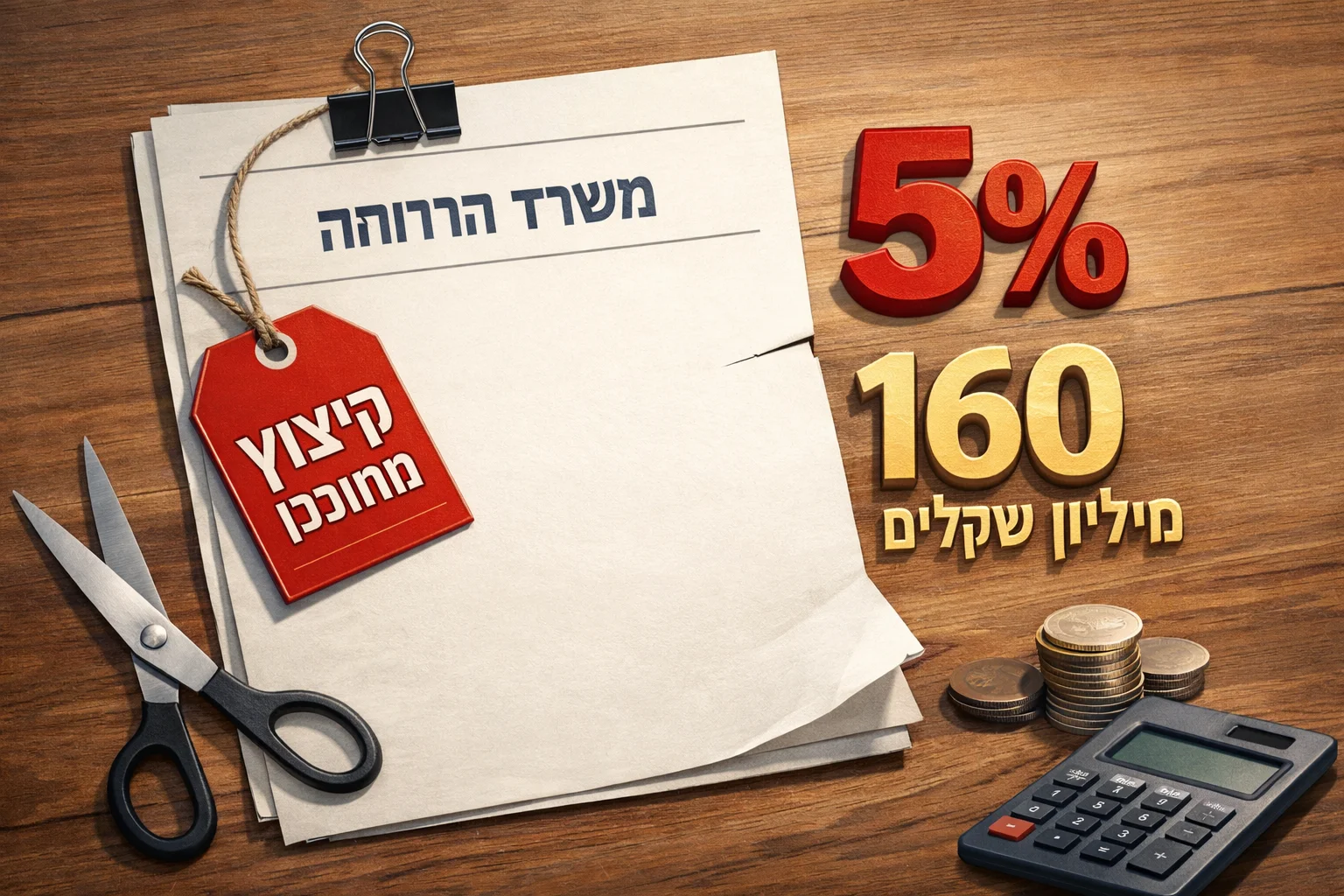 איור להמחשה: איור מערכתי שטוח, לא צילום: מסמך תקציב סמלי שכותרתו משרד הרווחה, ולצדו הנתונים 5% ו-160 מיליון שקלים עם תווית קיצוץ מתוכנן. ללא חתימות, סמלים רשמיים או אנשים מומצאים.