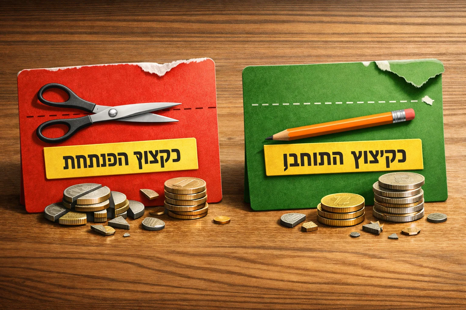 איור להמחשה: איור אינפוגרפי של שני כרטיסי תקציב נפרדים: כ-400 מיליון שקלים שכבר קוצצו, ו-160 מיליון שקלים בקיצוץ מתוכנן. ללא תרשים יחסי או סכום כולל מחושב.