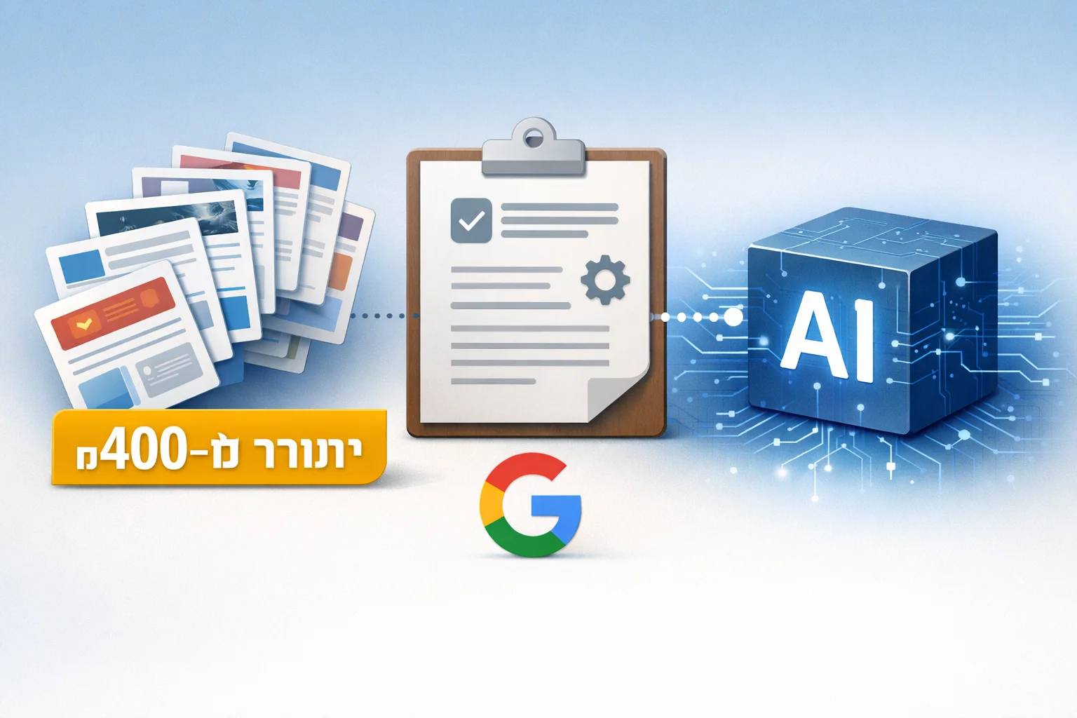 איור להמחשה: איור מערכתי מופשט ללא אנשים: מערך כרטיסי פרסומים מחובר למסמך רישוי ולרכיב המסומן AI. כיתוב גרפי נפרד: יותר מ־400 פרסומים. לשלב את לוגו גוגל המקורי מהקטלוג, ללא שינוי פרופורציות. לא להציג חוזה אמיתי או סכומי תשלום.