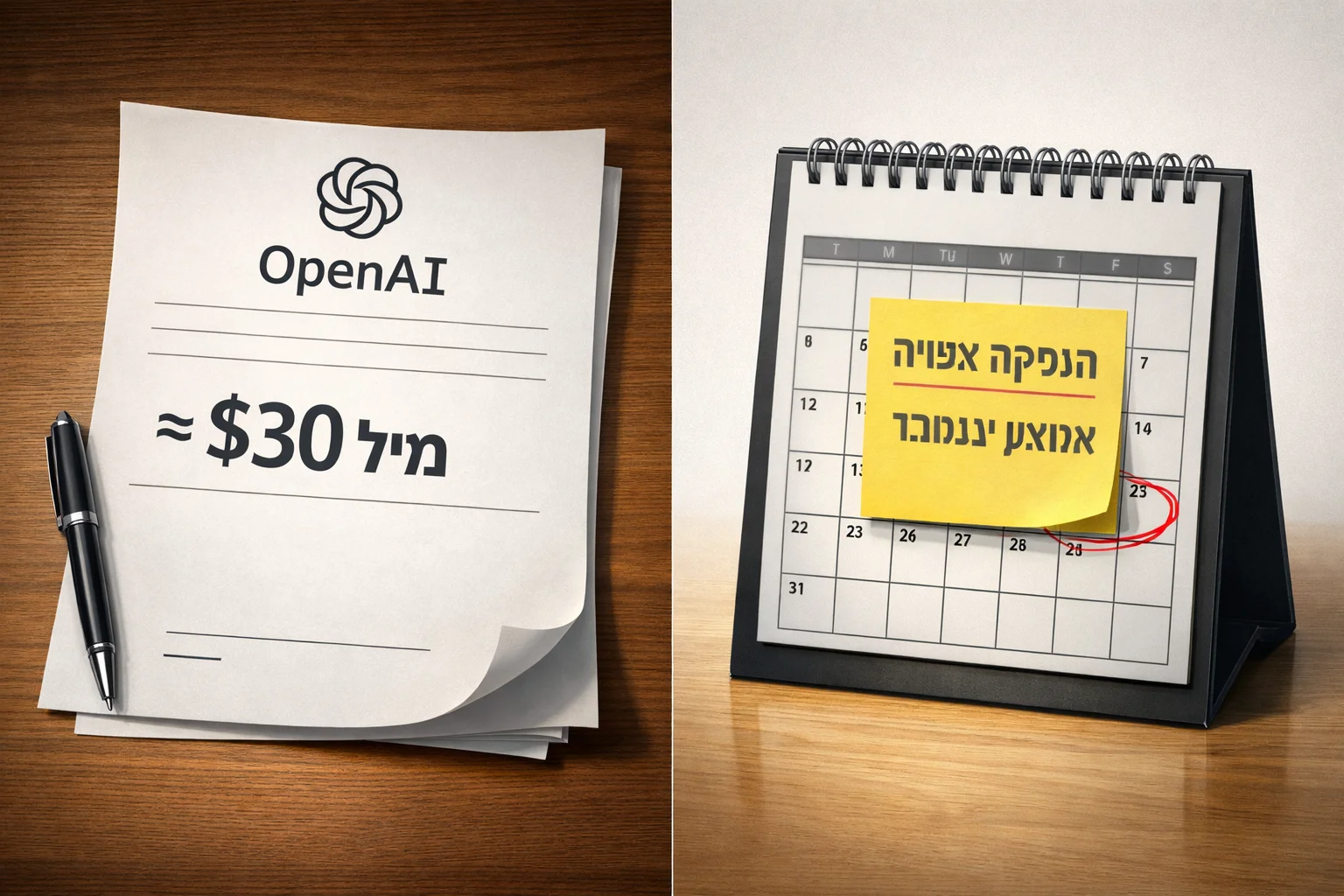 איור להמחשה: איור מערכתי מופשט ללא אנשים: מסמך גיוס לא חתום עם הכיתוב כ־$30 מיליארד, לצד לוח נפרד המסומן הנפקה צפויה באמצע נובמבר. לשלב את לוגו OpenAI האותנטי מהקטלוג, ללא שינוי פרופורציות. ללא חצים המרמזים שהעסקה הושלמה.