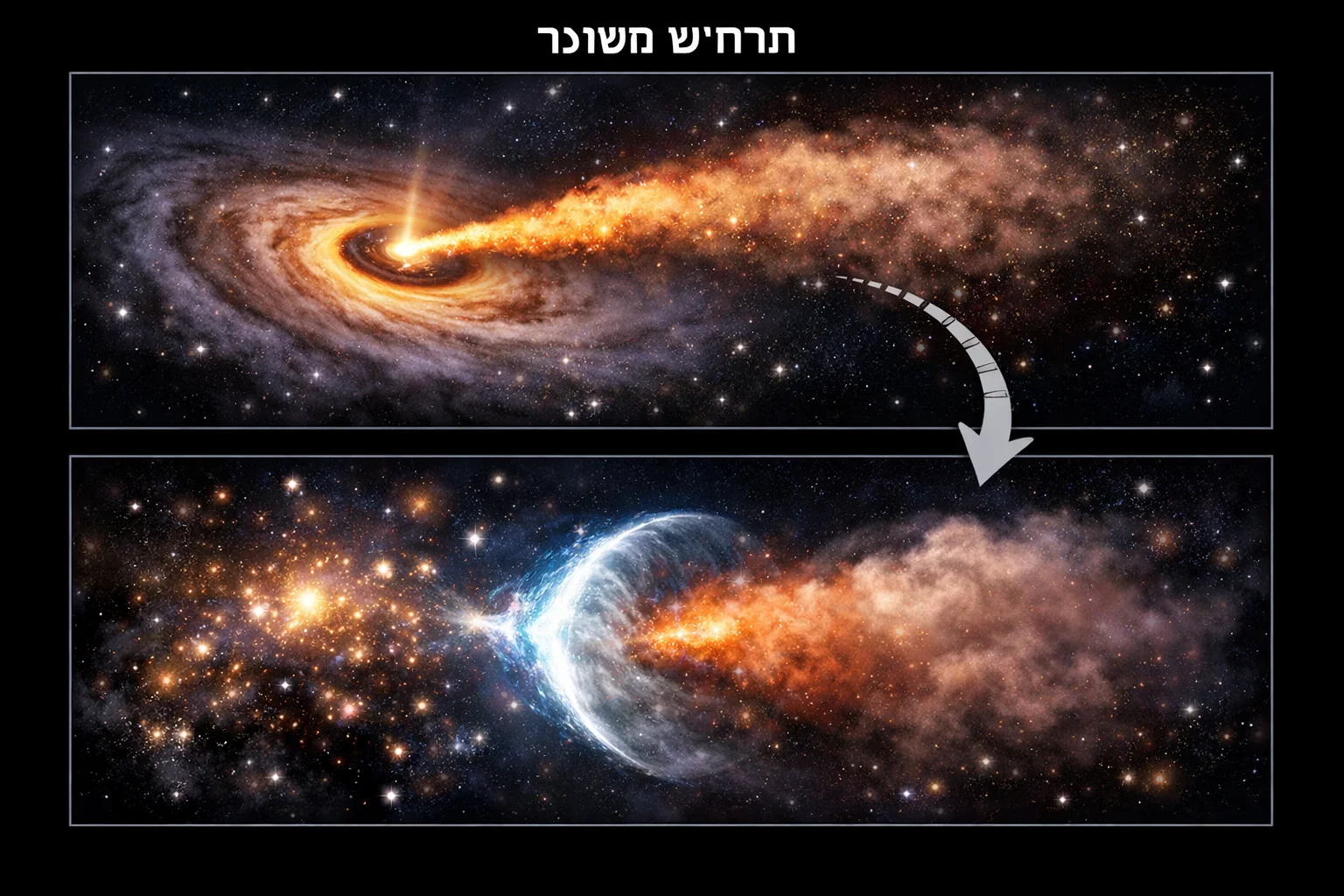 איור להמחשה: אינפוגרפיקה מדעית מקורית ללא אנשים בשני לוחות: ענן חלקיקים שנפלט מסביבת חור שחור במרכז גלקסיה, ובהמשך גל הלם בין שני צבירי גלקסיות הפוגש ענן דועך. בראש התרשים הכיתוב ״תרחיש משוער״; אין תאריכים, מהירויות או מסלולים מומצאים.