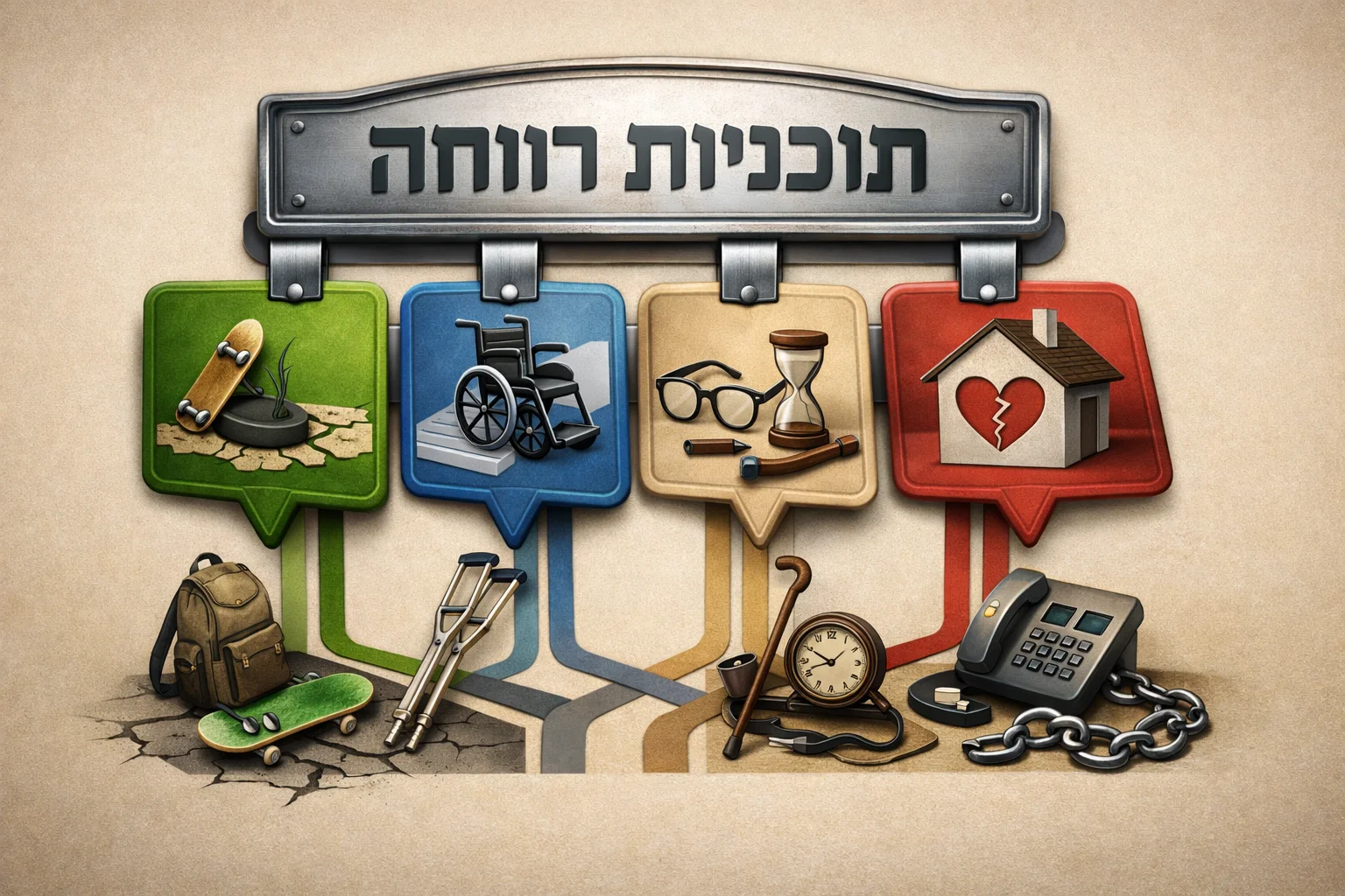 איור להמחשה: איור טיפוגרפי עם ארבע לשוניות שירות: נוער בסיכון, אנשים עם מוגבלות, אזרחים ותיקים ונשים שורדות אלימות. הלשוניות מחוברות למסגרת שכותרתה תוכניות רווחה; ללא פנים, נתוני זכאות או חלוקה כספית.
