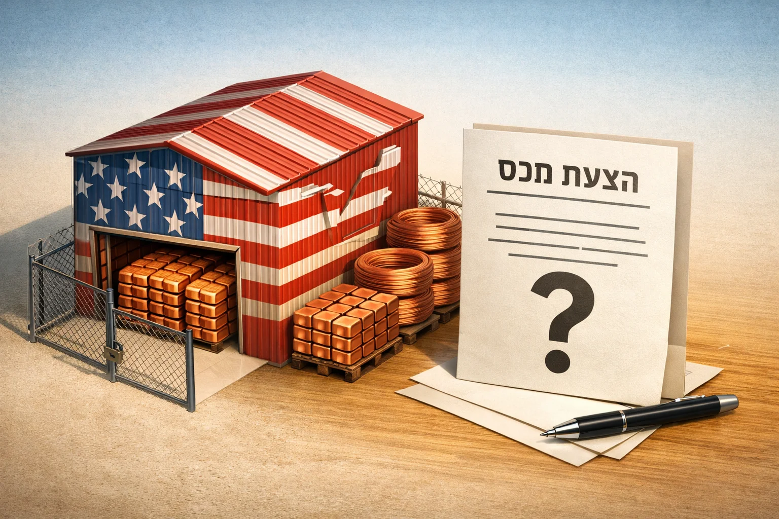 איור להמחשה: איור איזומטרי לא־תיעודי של מחסן נחושת סכמטי המסומן ארצות הברית, ולצדו מסמך מופשט עם הכיתוב הצעת מכס וסימן שאלה. אין אנשים, סמלים ממשלתיים או חותמת אישור.