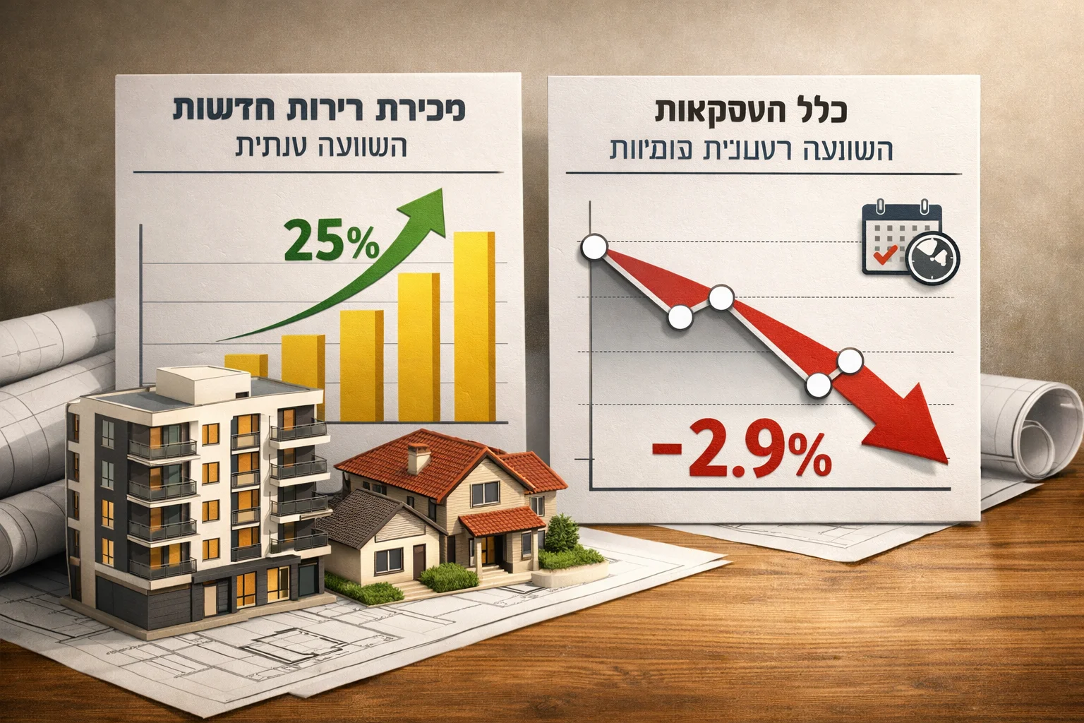 איור להמחשה: איור מערכתי לא־תיעודי: דגמי דירות לצד שני תרשימים נפרדים בבירור, האחד למכירות דירות חדשות בהשוואה שנתית והשני לכלל העסקאות בהשוואה רבעונית מנוכת עונתיות. ללא דמויות או מבנים מזוהים.