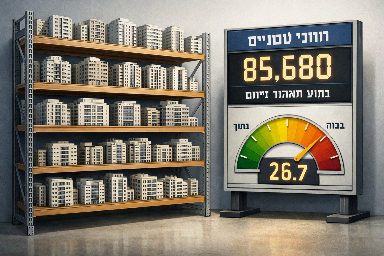 איור להמחשה: איור סכמטי של מלאי דירות בצורת מדפים של דגמי בניינים, לצד לוח נתונים המציג את המלאי ואת חודשי המכירה המחושבים.