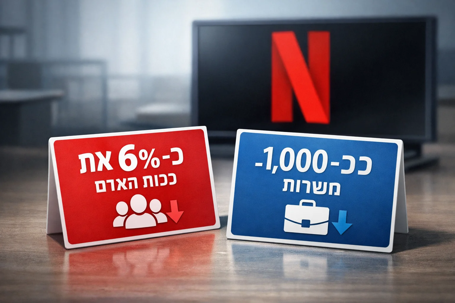 איור להמחשה: איור נתונים לא־תיעודי עם שני כרטיסים טיפוגרפיים: כ־6% מכוח האדם וכ־1,000 משרות. מסגרת נטפליקס מזוהה באמצעות הלוגו האותנטי; ללא עובדים מדומיינים או סצנת פיטורים.