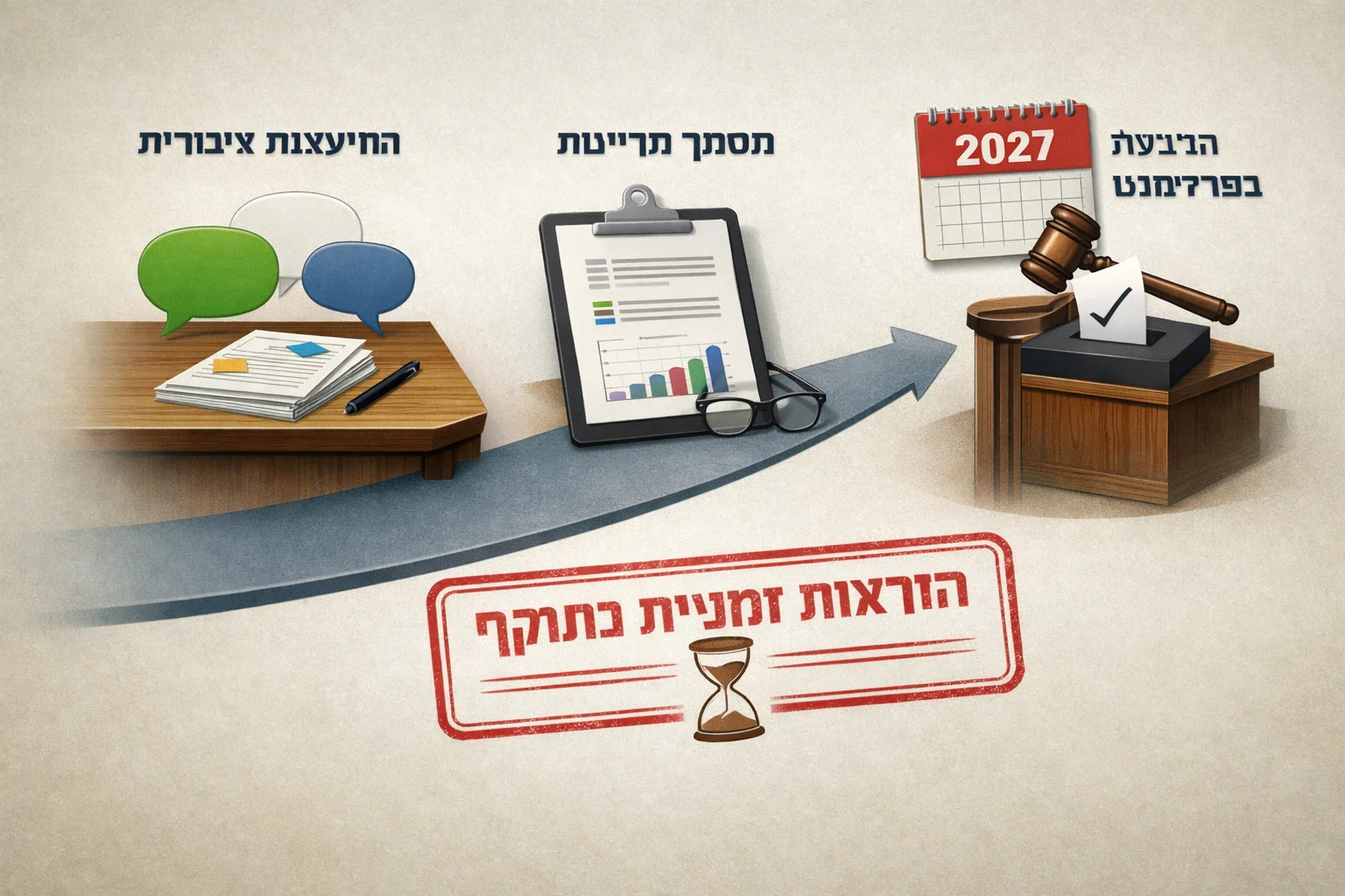 איור להמחשה: איור אינפוגרפי מקורי של שלושה שלבים: התייעצות ציבורית, מסמך מדיניות והצבעה פרלמנטרית באמצע 2027. חותמת גרפית נפרדת מציינת שההוראות הזמניות נמשכות עד ההצבעה.