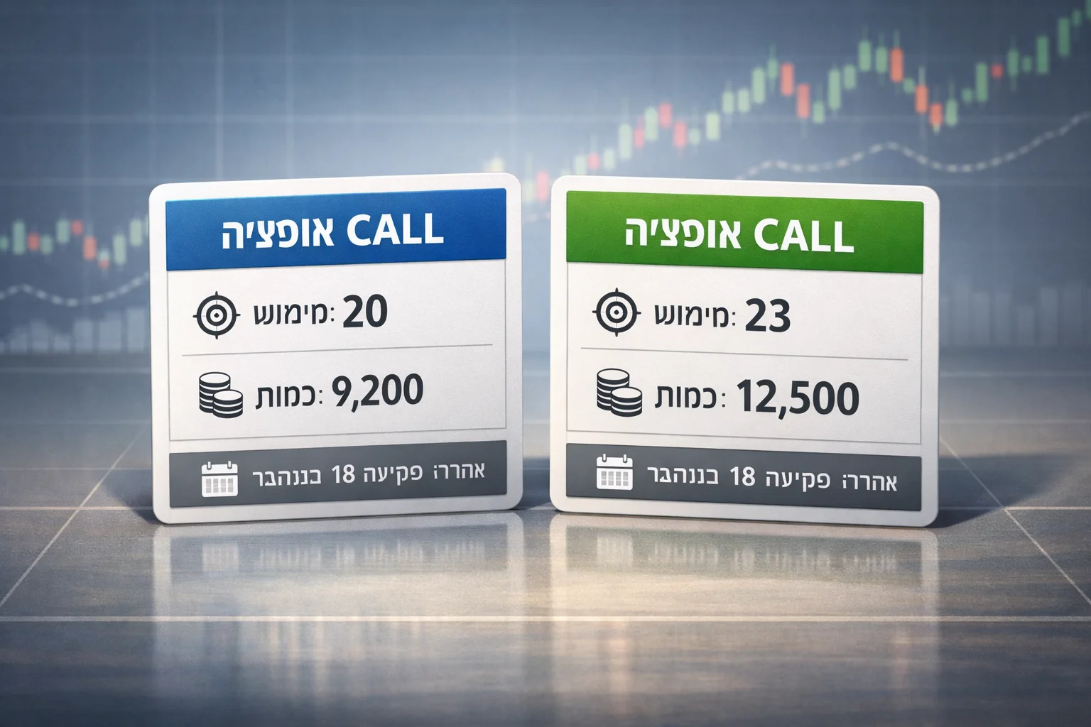 איור להמחשה: איור אינפוגרפי של שני כרטיסי חוזים נפרדים: פקיעה ב־18 בנובמבר, מחירי מימוש 20 ו־23, וכמויות 9200 ו־12,500 בהתאמה. אין הדמיה של מערכת מסחר אמיתית.