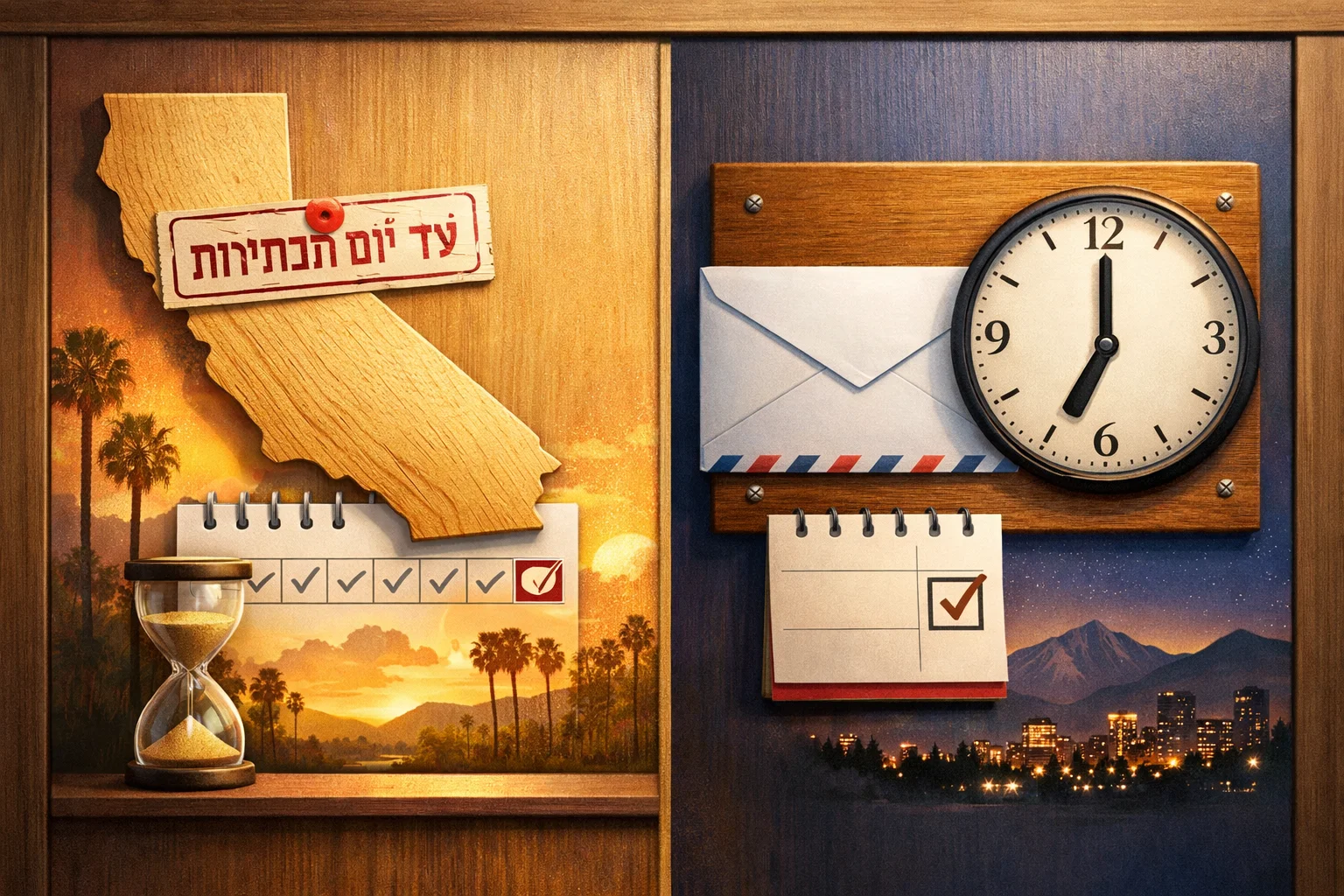 איור להמחשה: איור אינפוגרפי בשני לוחות: קליפורניה עם חותמת עד יום הבחירות וחלון הגעה של שבעה ימים; קולורדו עם מעטפה ושעון המורה על 7 בערב ביום הבחירות.