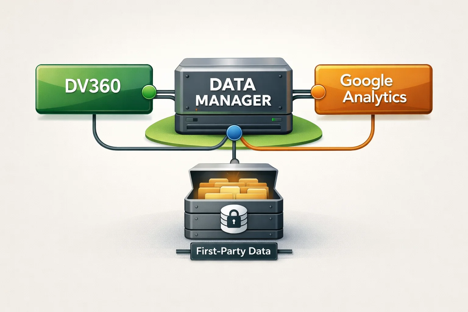 איור להמחשה: תרשים מאויר מקורי: צומת Data Manager מחובר לשתי תיבות טקסט, DV360 ו־Google Analytics, ולמאגר המסומן נתוני צד ראשון. ללא לוגואים מומצאים וללא ממשקים מדומים.