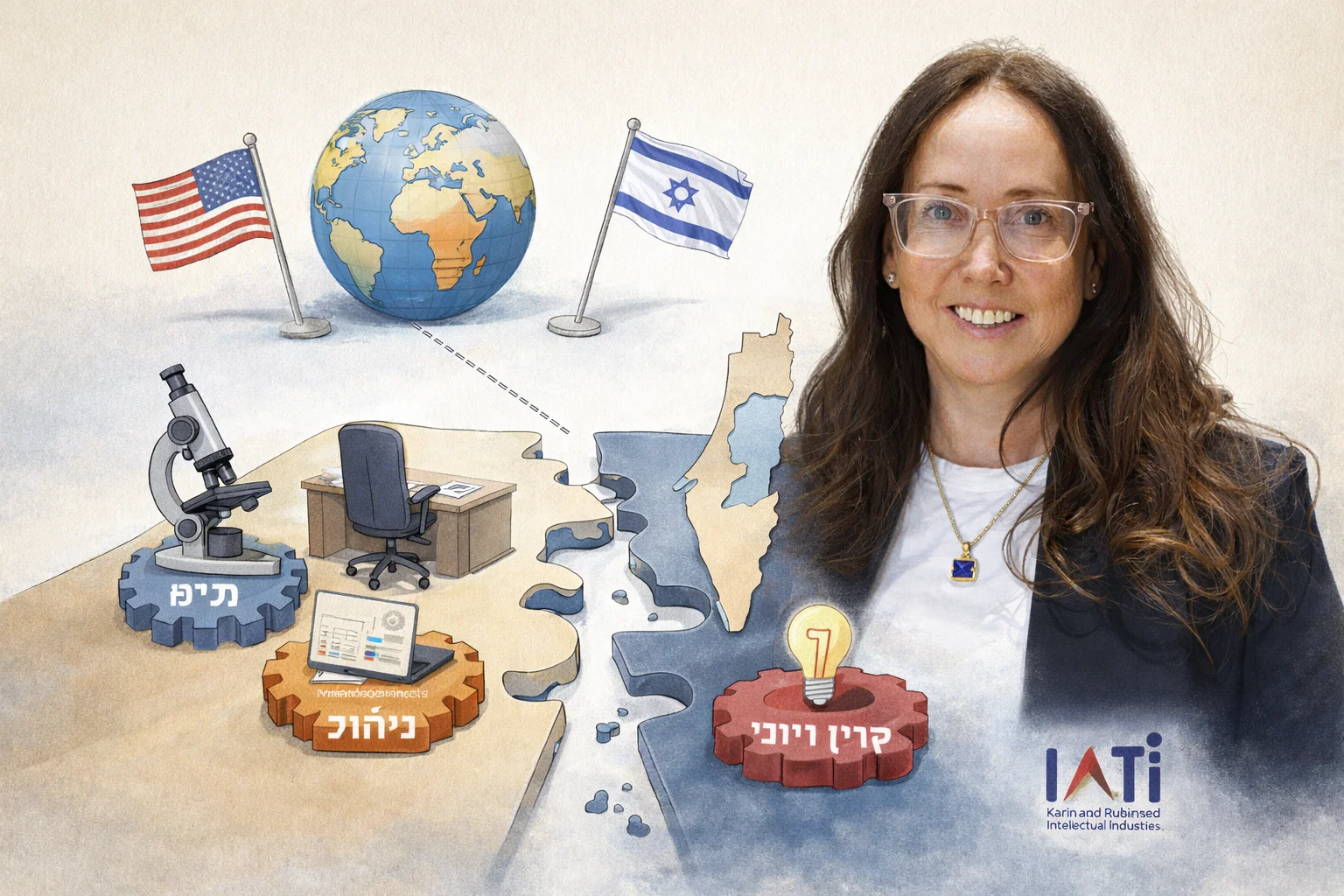 איור להמחשה: קרין מאיר רובינשטיין — איור מערכתי לא־תיעודי: דיוקן מזוהה של קרין מאיר רובינשטיין לפי צילום הייחוס המאומת, לצד תרשים מושגי המפריד בין פעילות גלובלית לבין מיקום המו״פ, הניהול והקניין הרוחני. לשלב את לוגו IATI האותנטי בפרופורציות