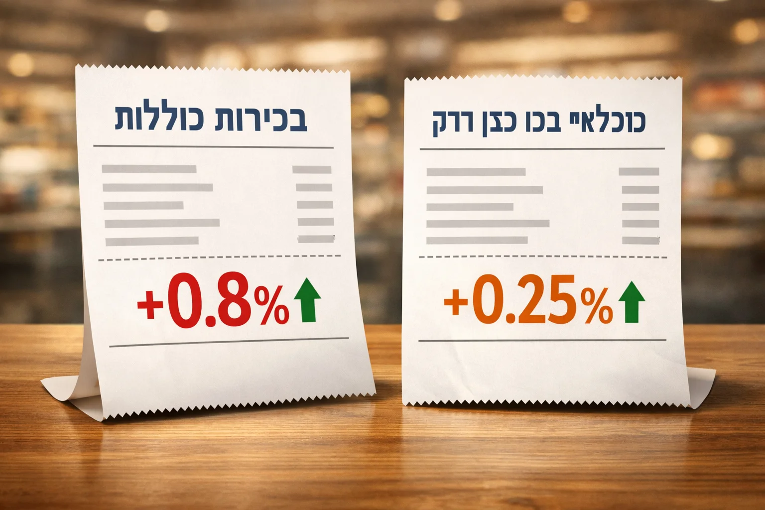 איור להמחשה: איור אינפוגרפי שטוח לפרק הקמעונאות: שתי קבלות סכמטיות, אחת למכירות הכוללות עם 0.8% ואחת למכירות ללא כלי רכב ותחנות דלק עם 0.25%. ללא חנויות מזוהות או צרכנים מומצאים.