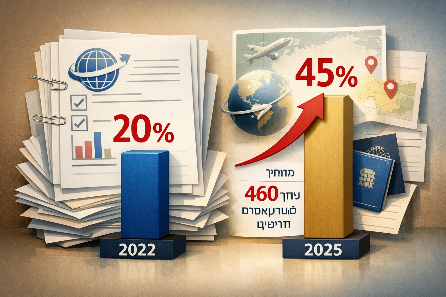 איור להמחשה: איור אינפוגרפי לא־תיעודי של מסמכי התאגדות מופשטים, לצד השוואת 20% בשנת 2022 ל־45% בשנת 2025. ליד נתון 2025 יופיע במפורש שהבדיקה כללה 460 סטארטאפים חדשים. אין להוסיף חותמות רשמיות או שמות חברות.