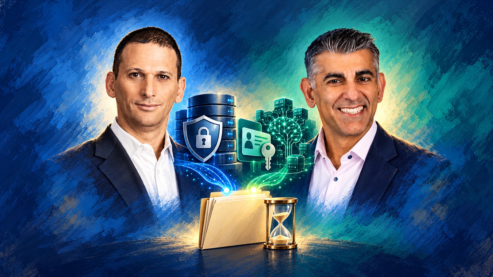איור של יקי פייטלסון וסומיט דהוואן משני צדי מסד נתונים מוגן, מפתח הרשאות ומסמך הסכם עם שעון חול, להמחשת רכישת ורוניס הממתינה לאישורים. נוצר ב־AI ואינו תיעוד של מפגש או חתימה.
