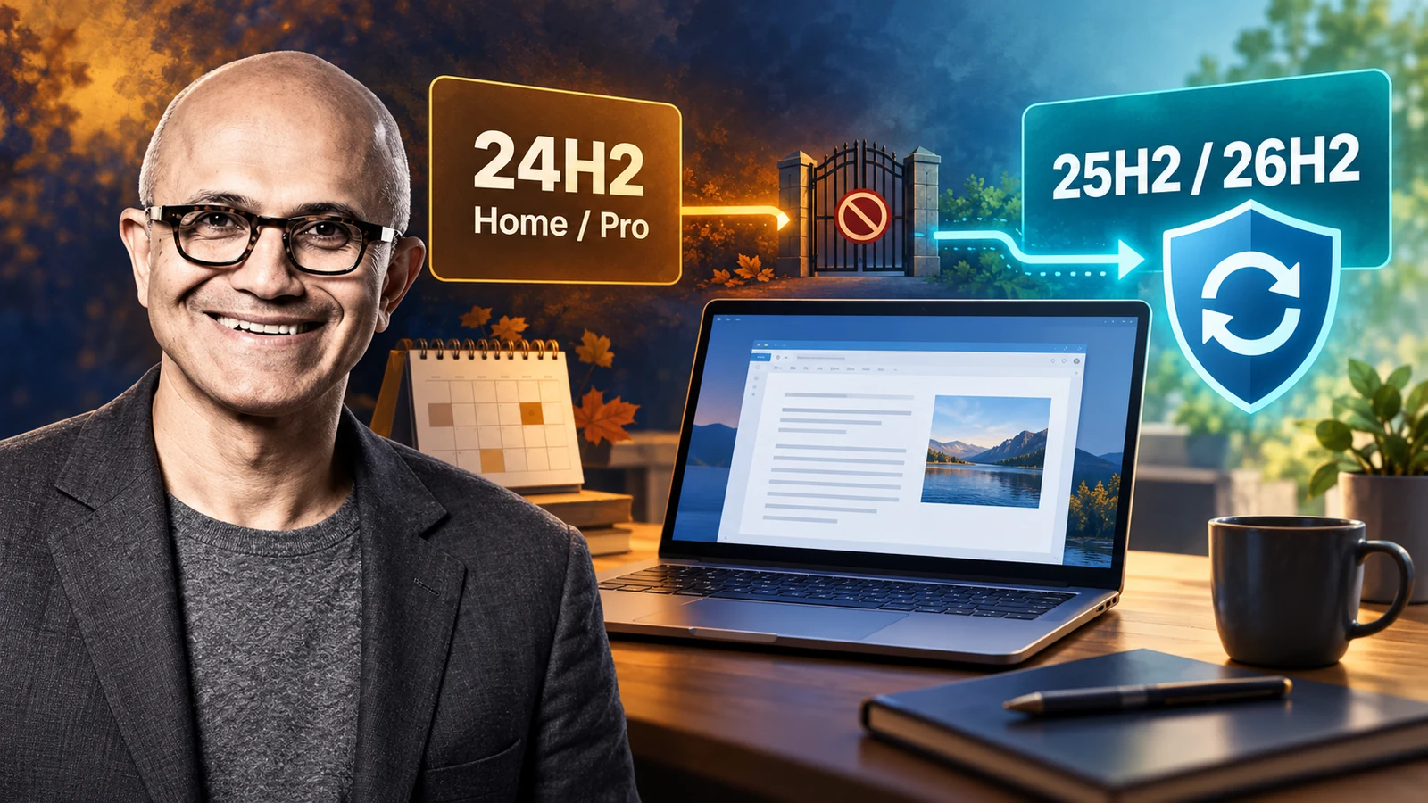 איור של סאטיה נאדלה לצד סיום עדכוני Windows 11 24H2 Home ו־Pro ומעבר לגרסה נתמכת; המחשב ממשיך לפעול; נוצר ב־AI ואינו תיעוד של אירוע.
